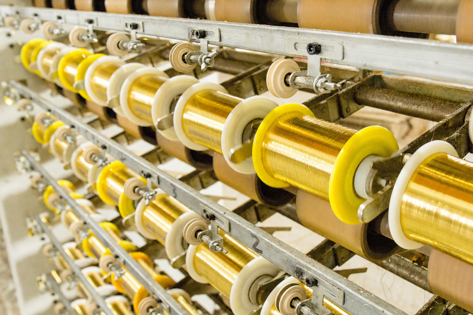 Metallic yarn manufacturing process with gold yarn rolls for textile production