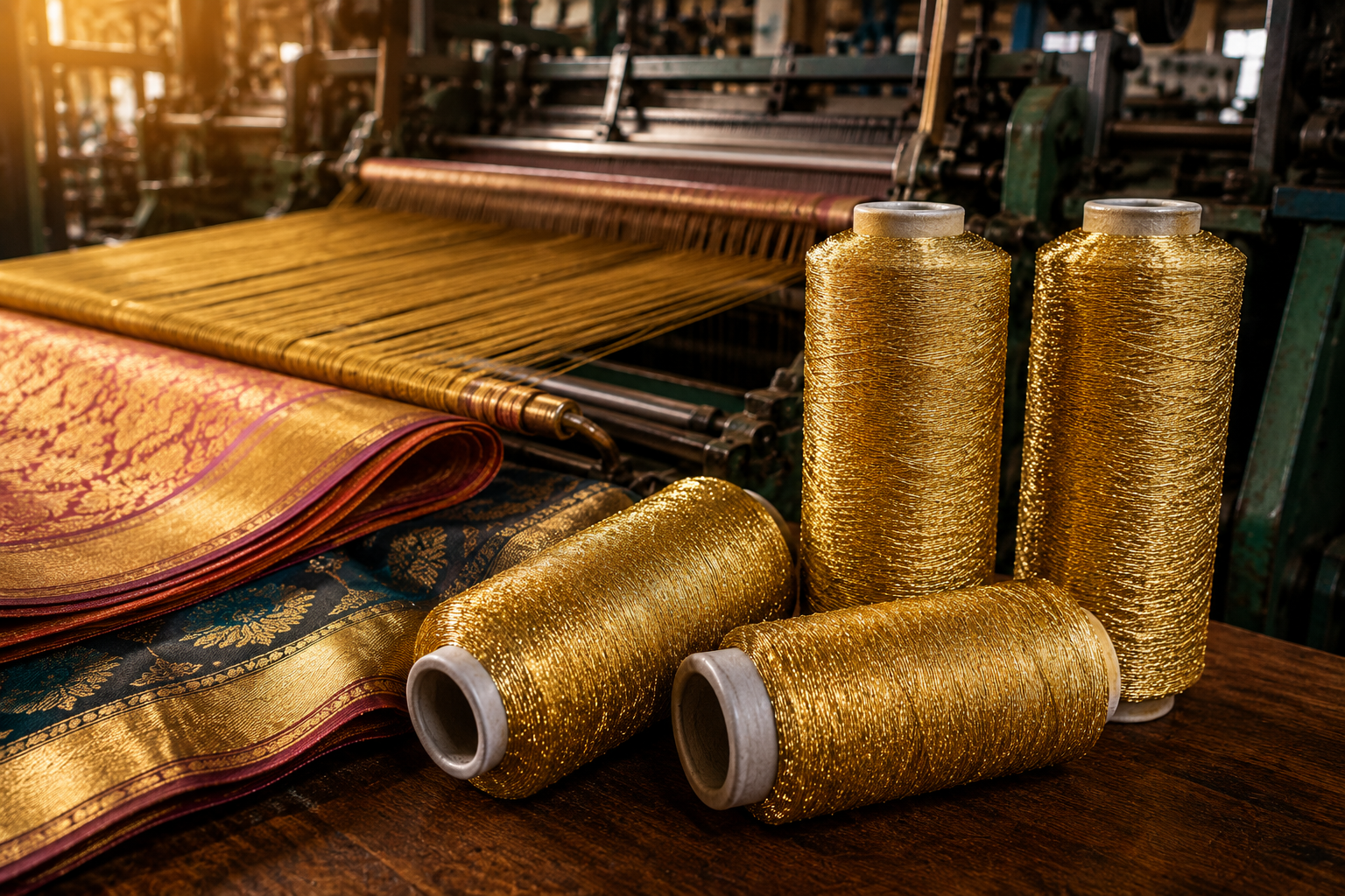 Gold metallic yarn used in modern saree, jacquard and embroidery textile manufacturing