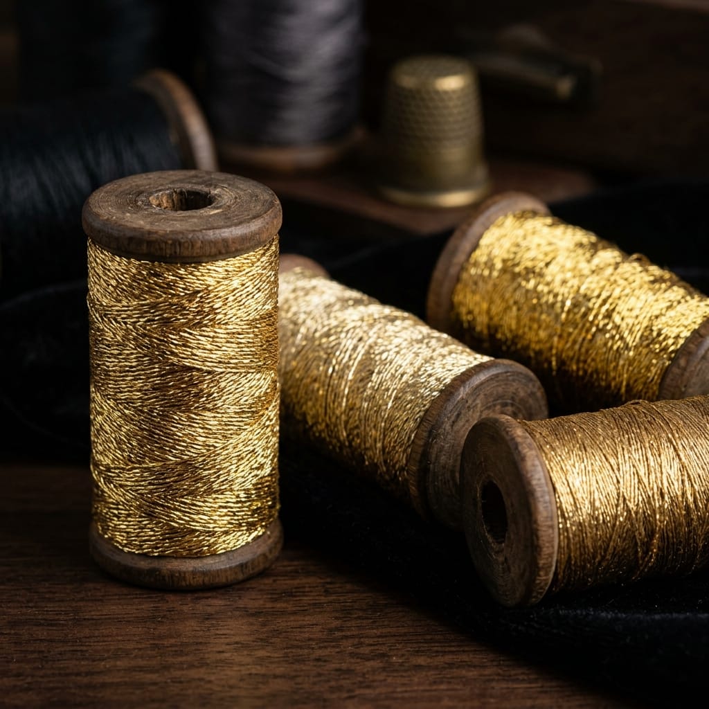 Gold zari yarn spools showing metallic yarn texture and twist