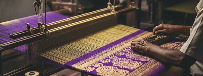 Traditional saree weaving with gold zari yarn on handloom
