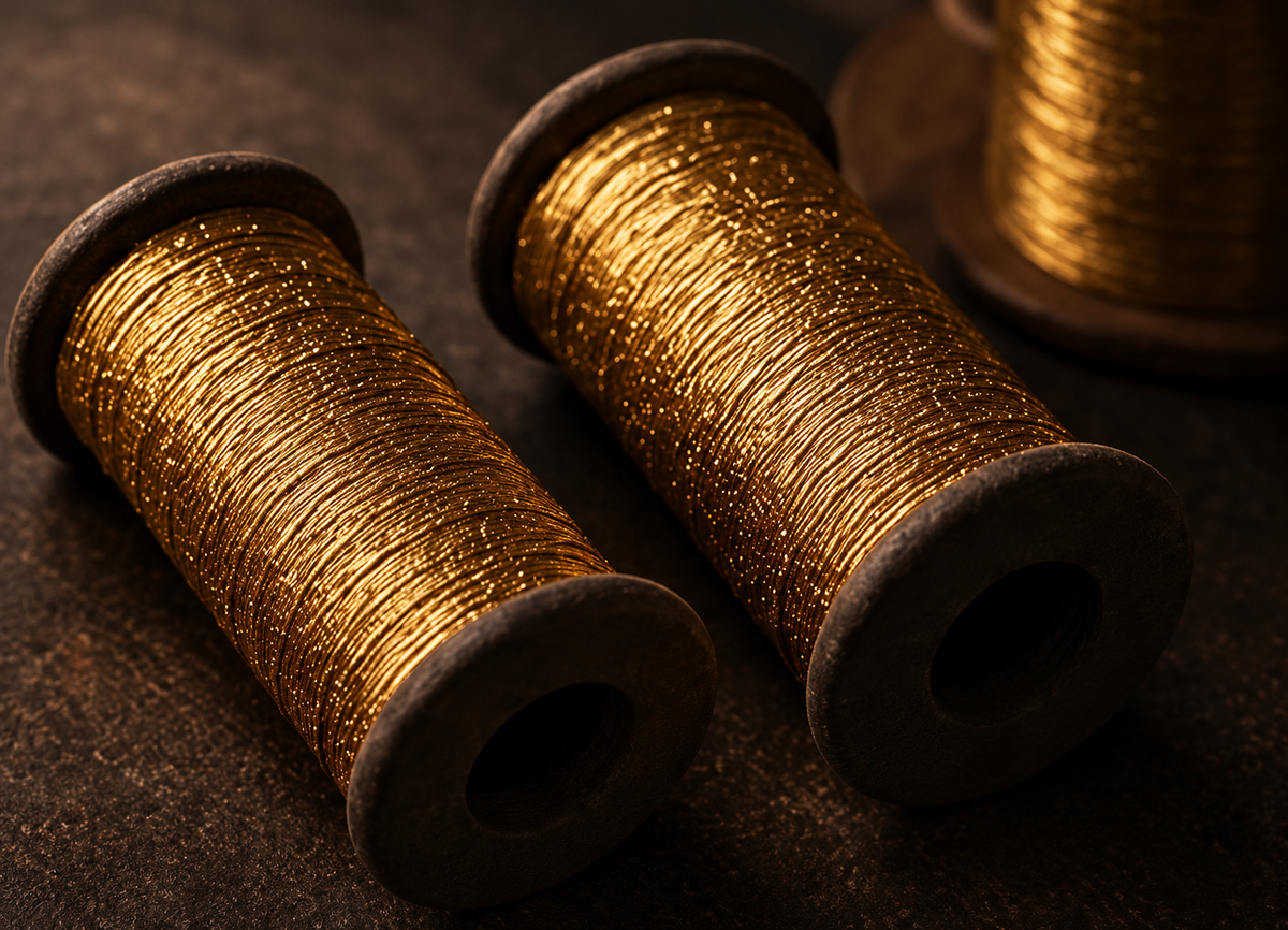 Gold metallic yarn rolls for textile manufacturing