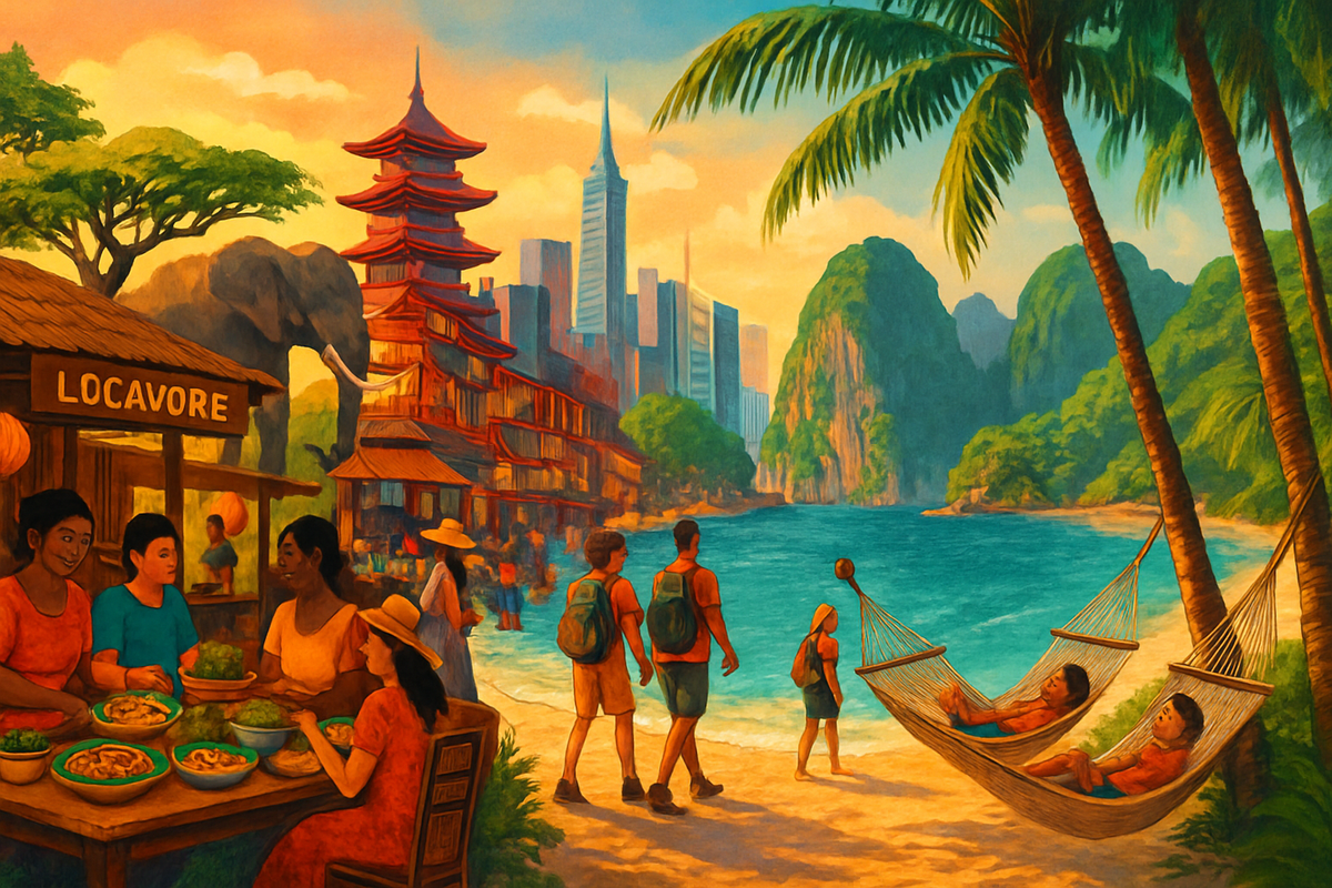 The image depicts a vibrant scene of a beachside community featuring people enjoying food, exploring nature, and relaxing by the water with a backdrop of both tropical and urban landscapes.