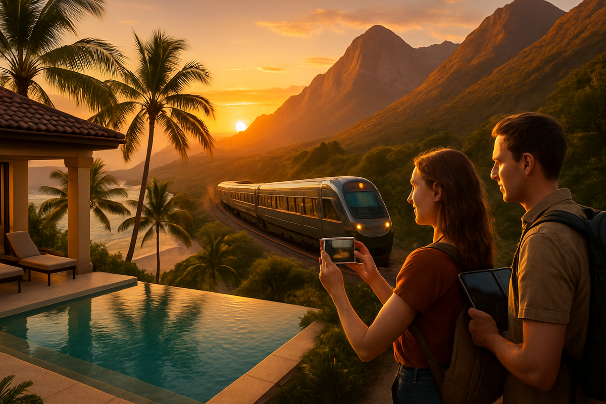 A couple enjoys a sunset view of a train passing by a tropical landscape with mountains and palm trees.