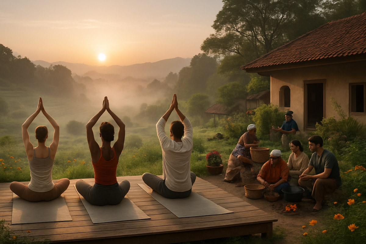 The image depicts three individuals practicing yoga at sunrise in a serene, misty landscape, while a group of people gather nearby, engaging in communal activities.