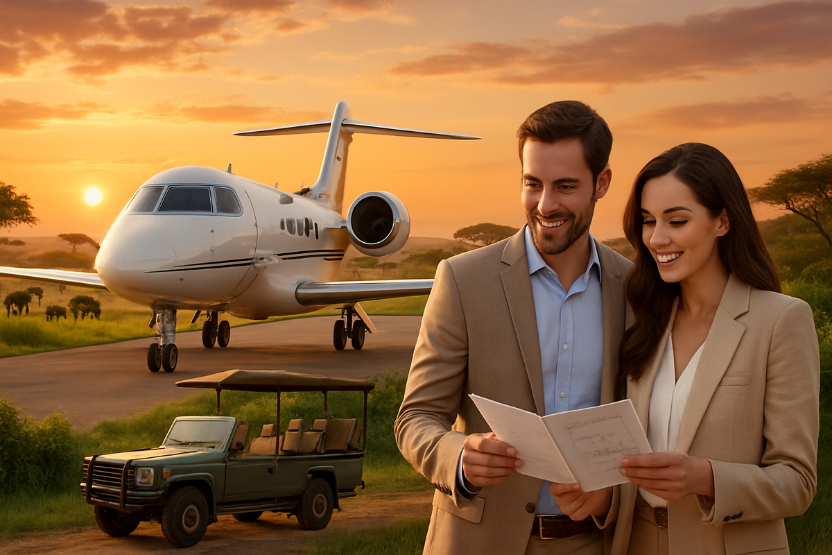 A couple in formal attire smiles while reviewing a document in front of a private jet during a sunset in a safari setting.