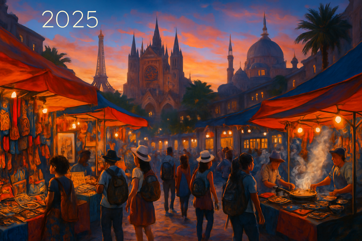 The image depicts a bustling market scene at sunset, featuring vibrant stalls, food vendors, and iconic landmarks in the background.