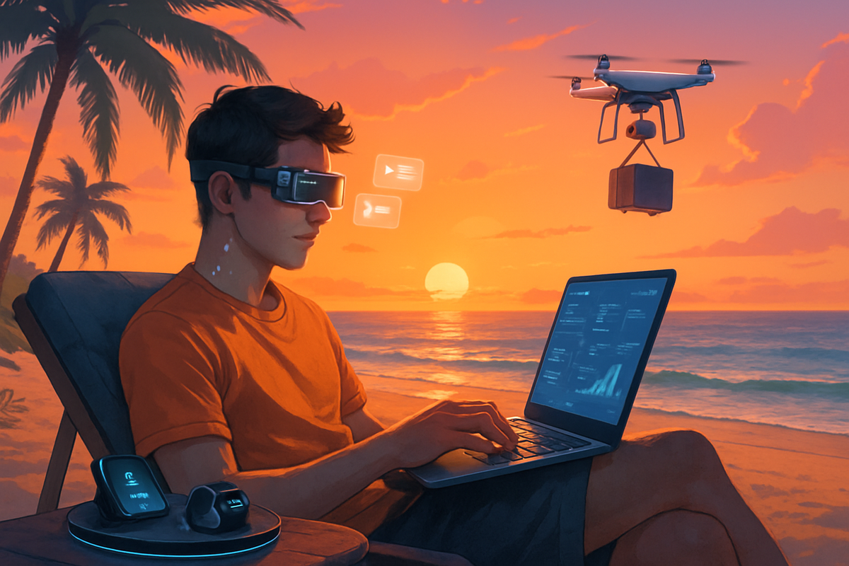 A person using a laptop on the beach at sunset, wearing augmented reality glasses, while a drone hovers above.