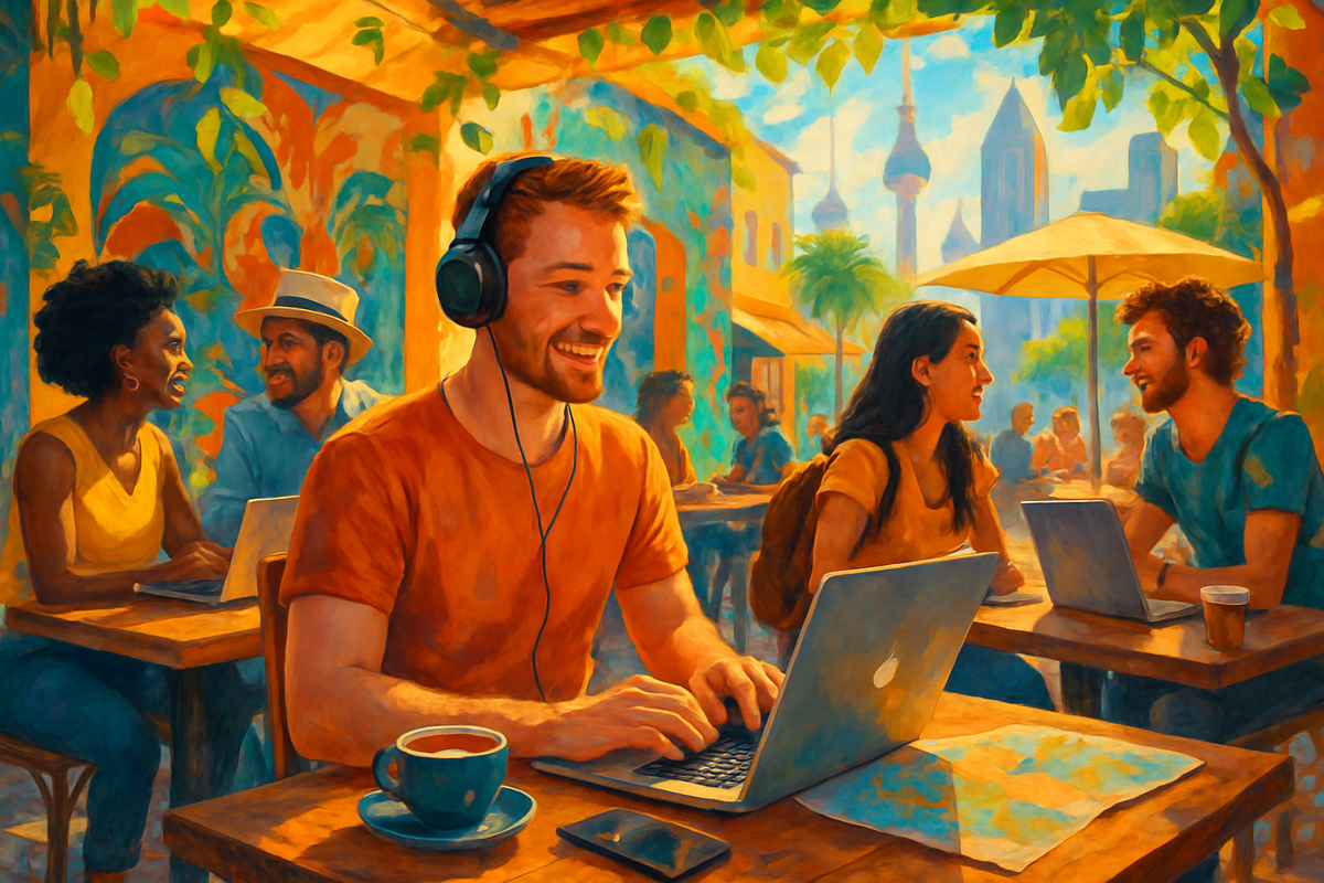 A vibrant café scene featuring people engaged in conversation and work, with bright colors and a lively atmosphere.