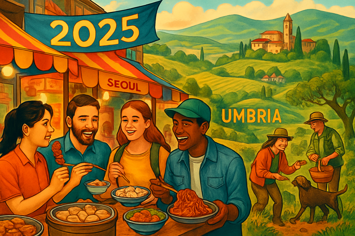 The image depicts a vibrant outdoor food market scene with four friends enjoying various dishes, set against a picturesque landscape featuring hills and a distant village.