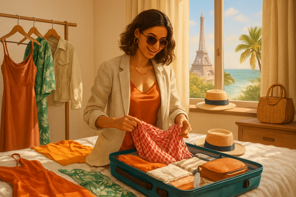 A woman is joyfully packing a suitcase with colorful clothes while a scenic view of the Eiffel Tower and palm trees is visible through the window.