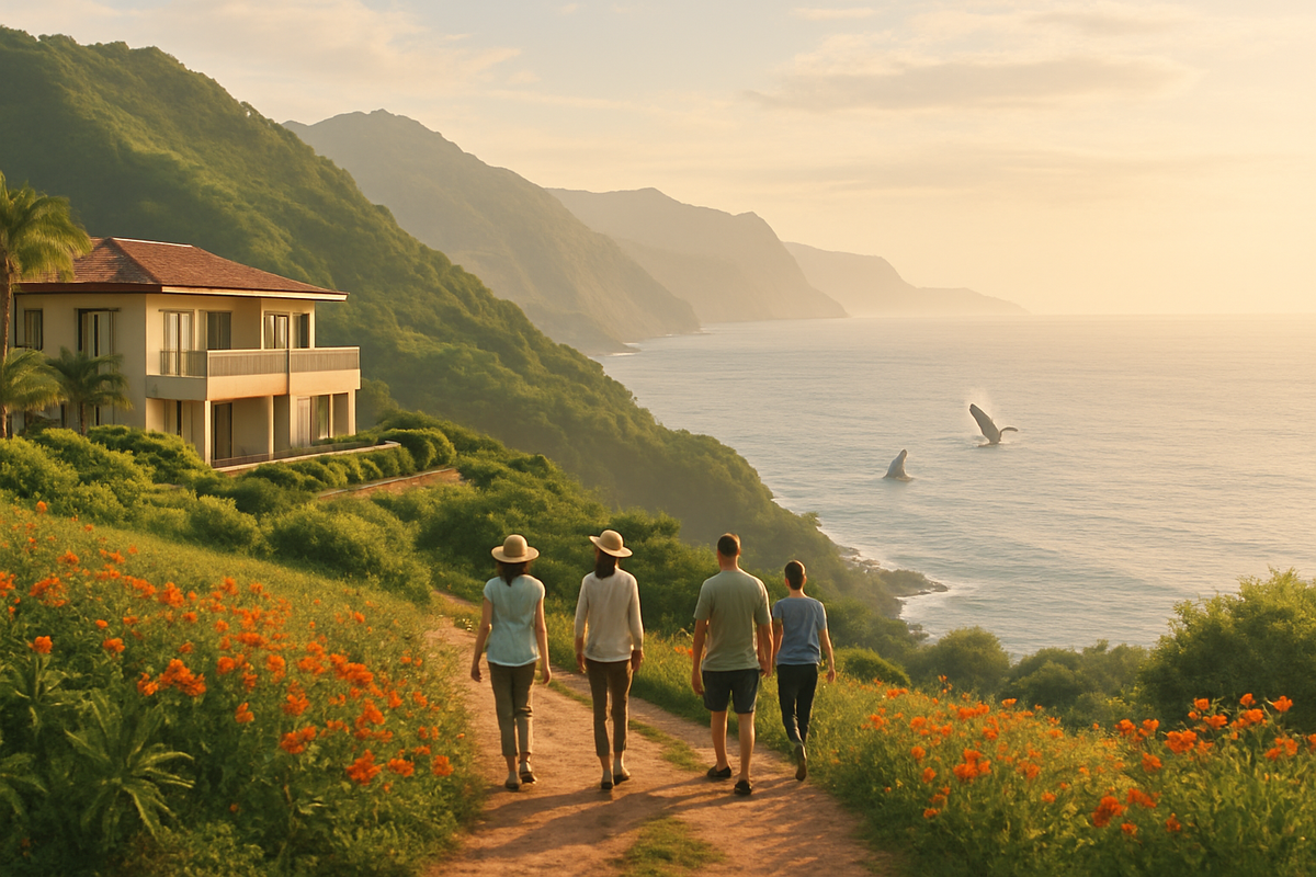 A group of four people walks along a lush coastal path with a view of a house and whales breaching in the ocean under a golden sunset.
