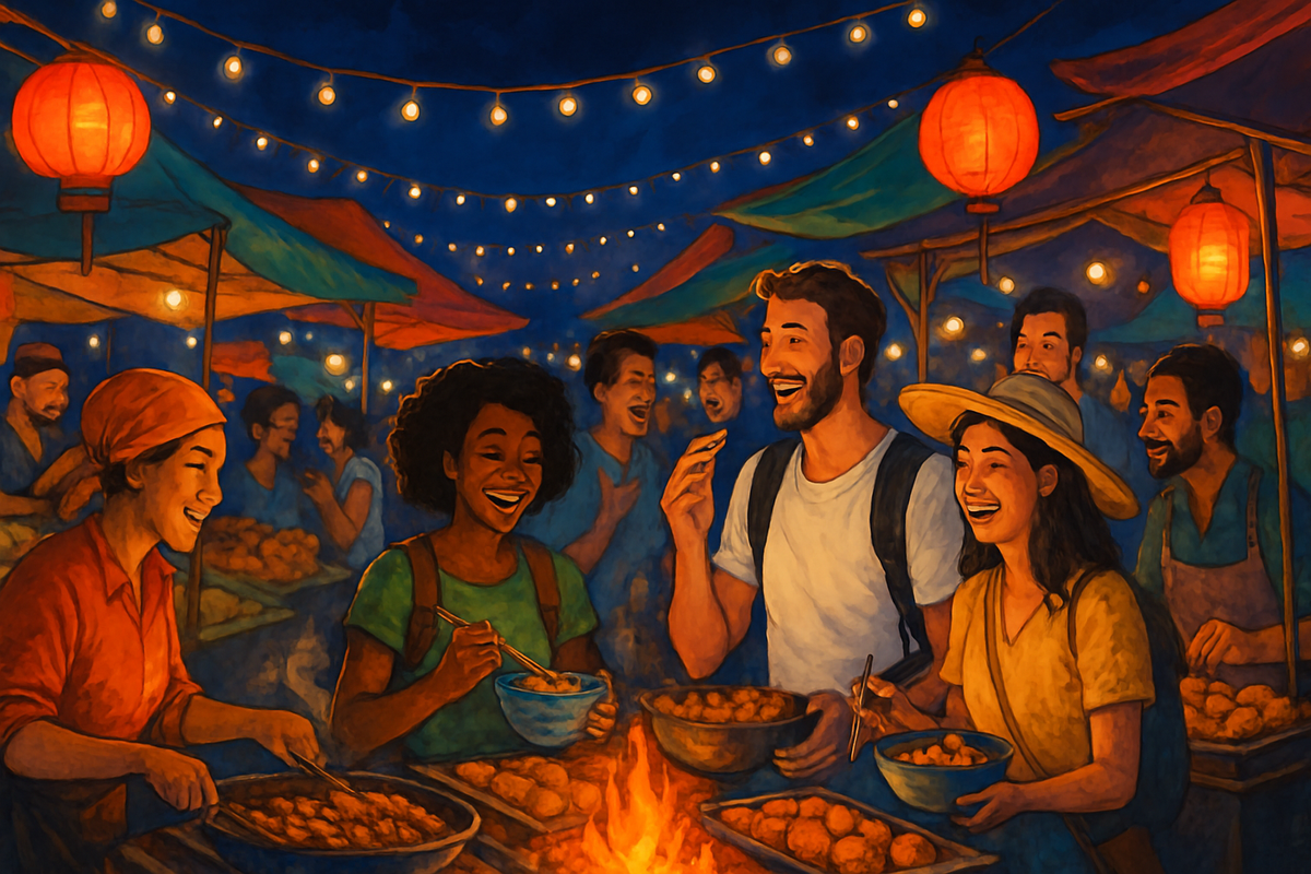 A vibrant night market scene filled with joyful people enjoying food, colorful lanterns, and warm lights.