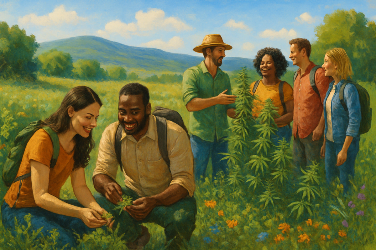 A group of six people joyfully interacts in a lush green field, examining and discussing cannabis plants under a bright blue sky.