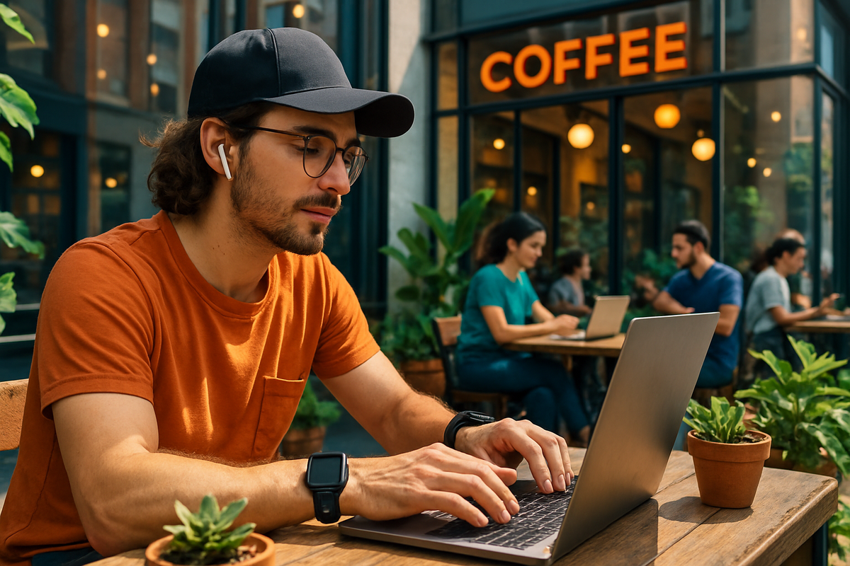 A young man in an orange shirt and cap types on a laptop at an outdoor café, with people working in the background.