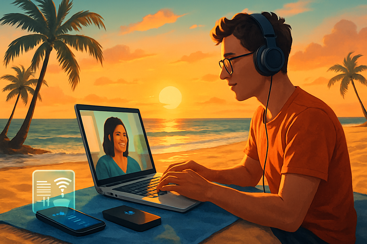 A young man wearing headphones is video chatting on a laptop at the beach during sunset, with palm trees in the background.