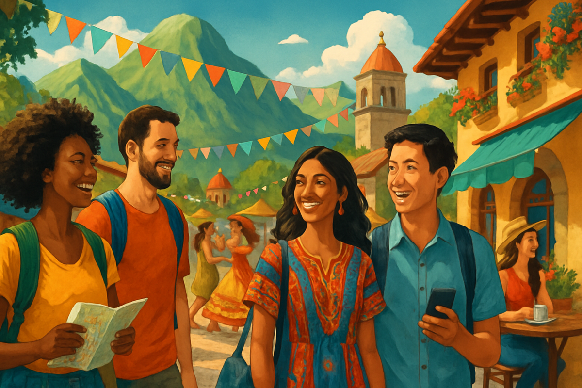 A group of diverse friends joyfully interacts in a vibrant village setting with colorful flags and a mountainous backdrop.