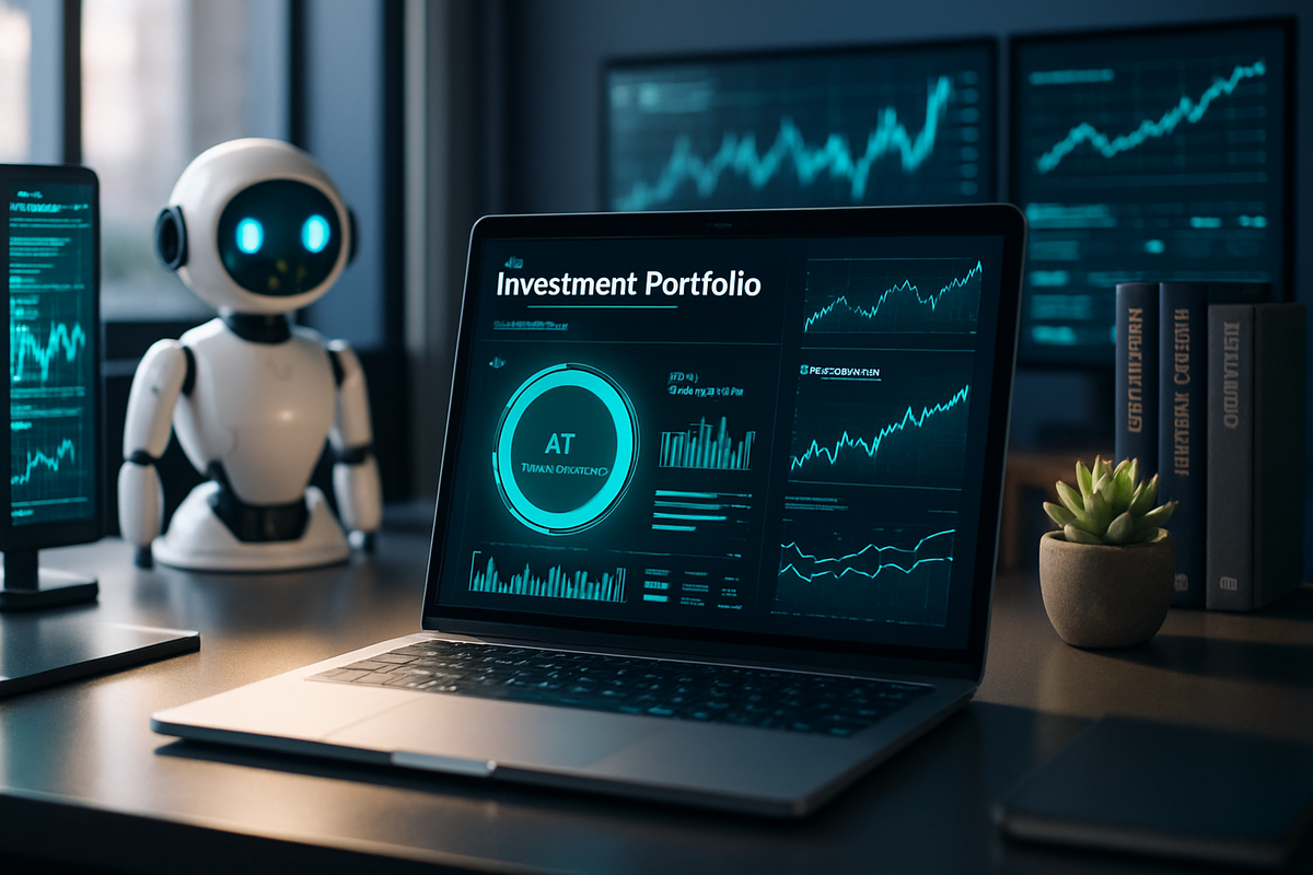 The image shows a laptop displaying an investment portfolio dashboard alongside a friendly robot and stock market screens in a modern workspace.