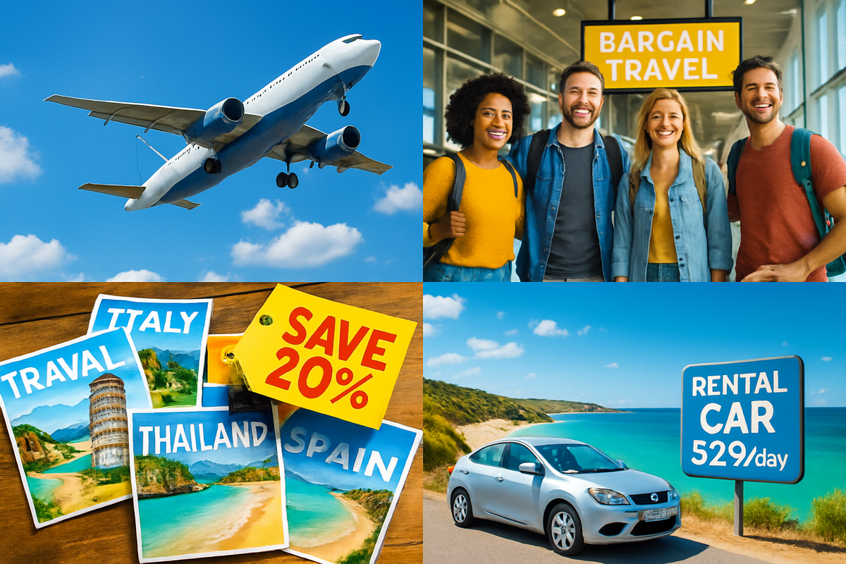 The image features a collage of travel-themed visuals, including an airplane, happy travelers with a bargain sign, travel postcards, and a rental car by a scenic beach.