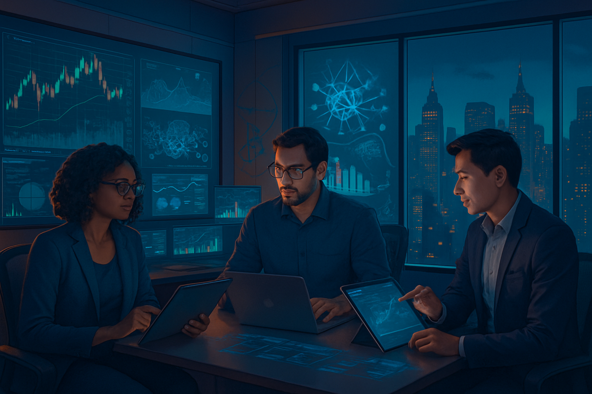 The image depicts three professionals in business attire engaged in a discussion in a dark office, surrounded by screens displaying data and city lights in the background.