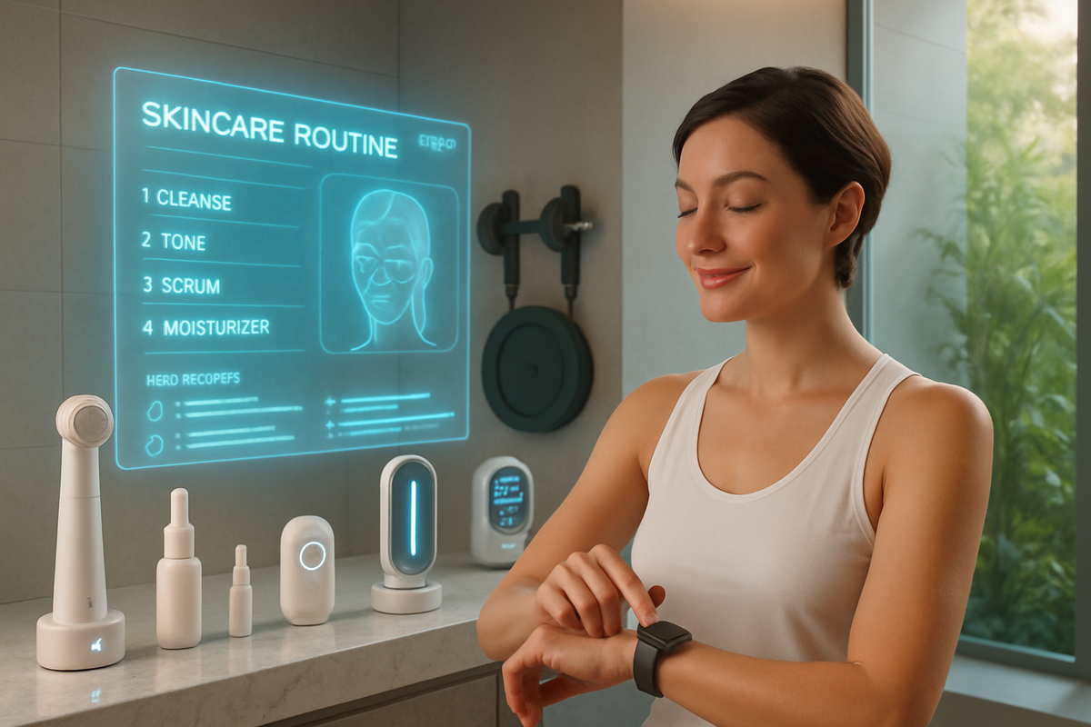 A woman is using a smartwatch while standing in a modern bathroom with a holographic display showing her skincare routine.
