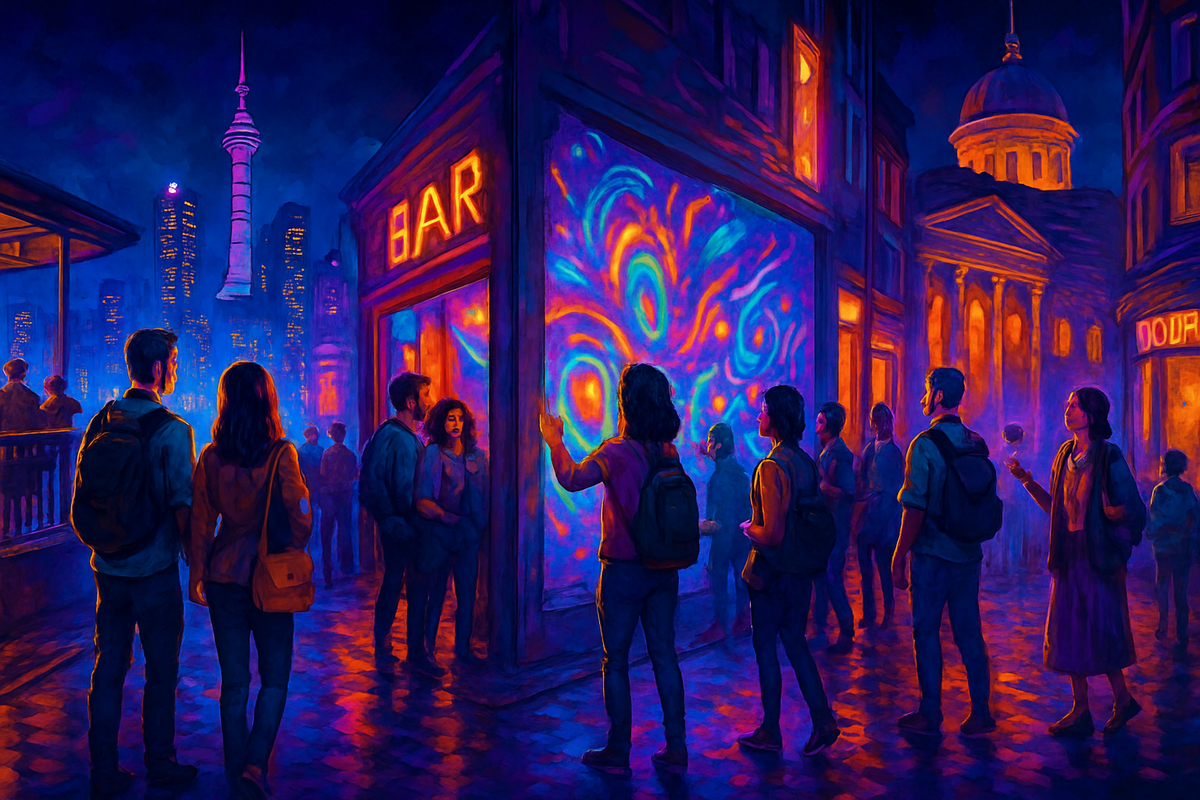 The image depicts a vibrant urban scene at night where people gather near a bar with colorful, swirling lights and a skyline in the background.