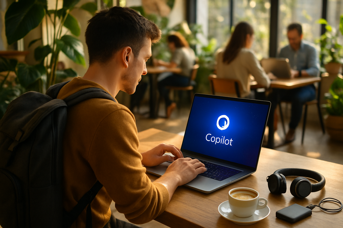 A young man with a backpack is seated at a table in a cafe, working on a laptop displaying the "Copilot" logo, with a cup of coffee and headphones nearby.