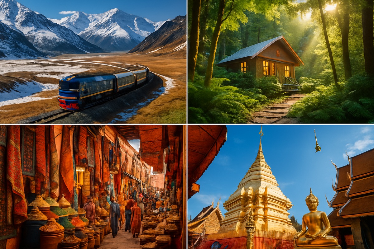 The image features a collage with a scenic train in the mountains, a tranquil forest cabin, a colorful market scene, and a golden temple with a Buddha statue.