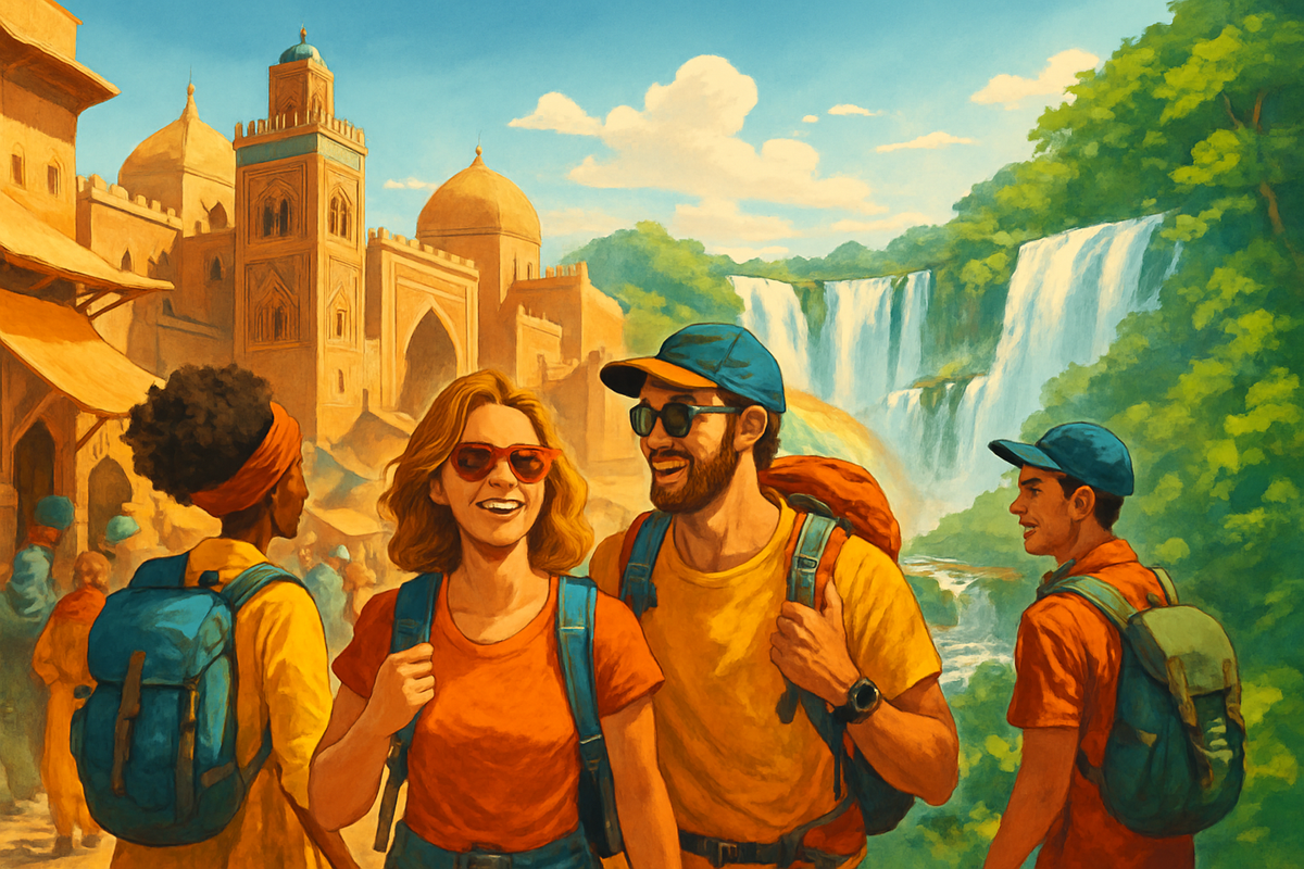 The image depicts a group of cheerful travelers in colorful attire, surrounded by a vibrant landscape featuring a waterfall and historical architecture.
