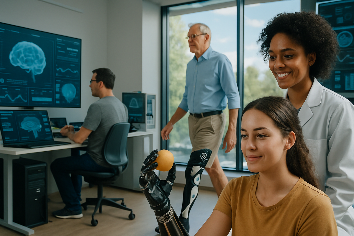 The image shows a group of people in a modern lab setting, with one woman using a robotic arm to hold a ball, while a man walks by and another works on a computer.