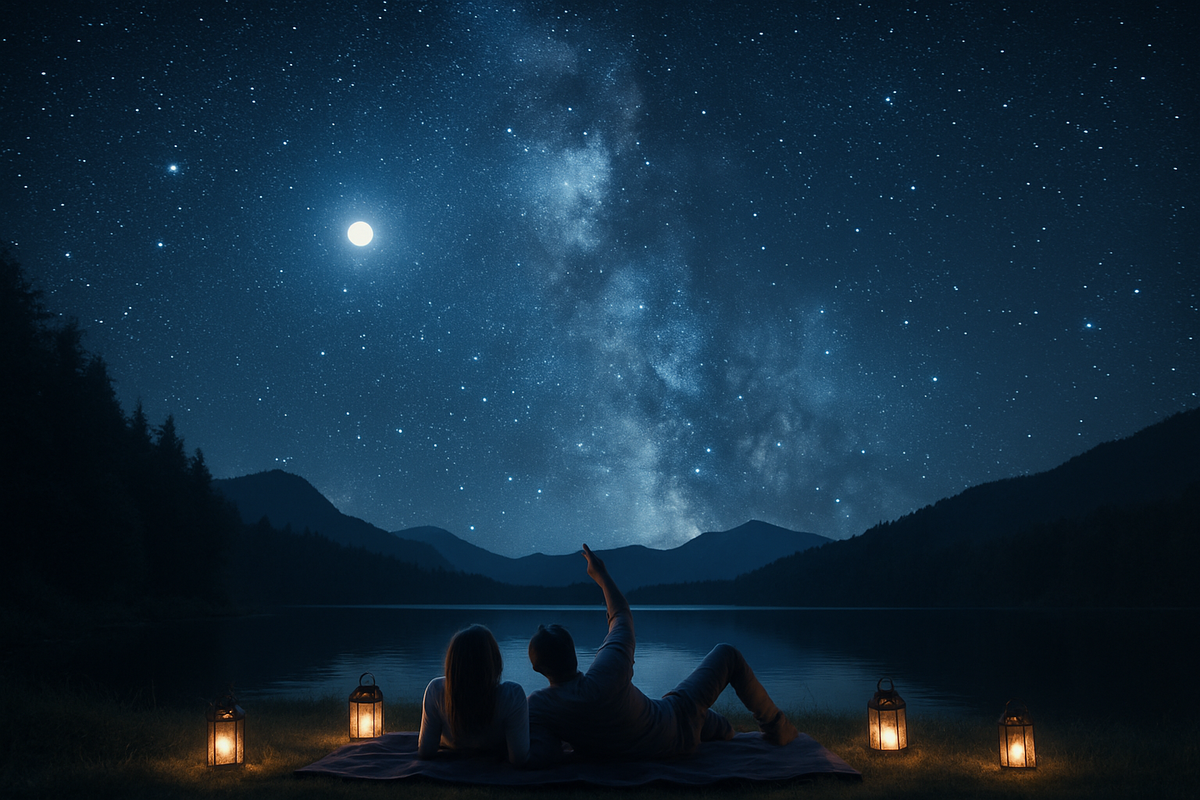 A couple lies on a blanket by a calm lake under a starry sky, illuminated by lanterns, pointing at the stars.