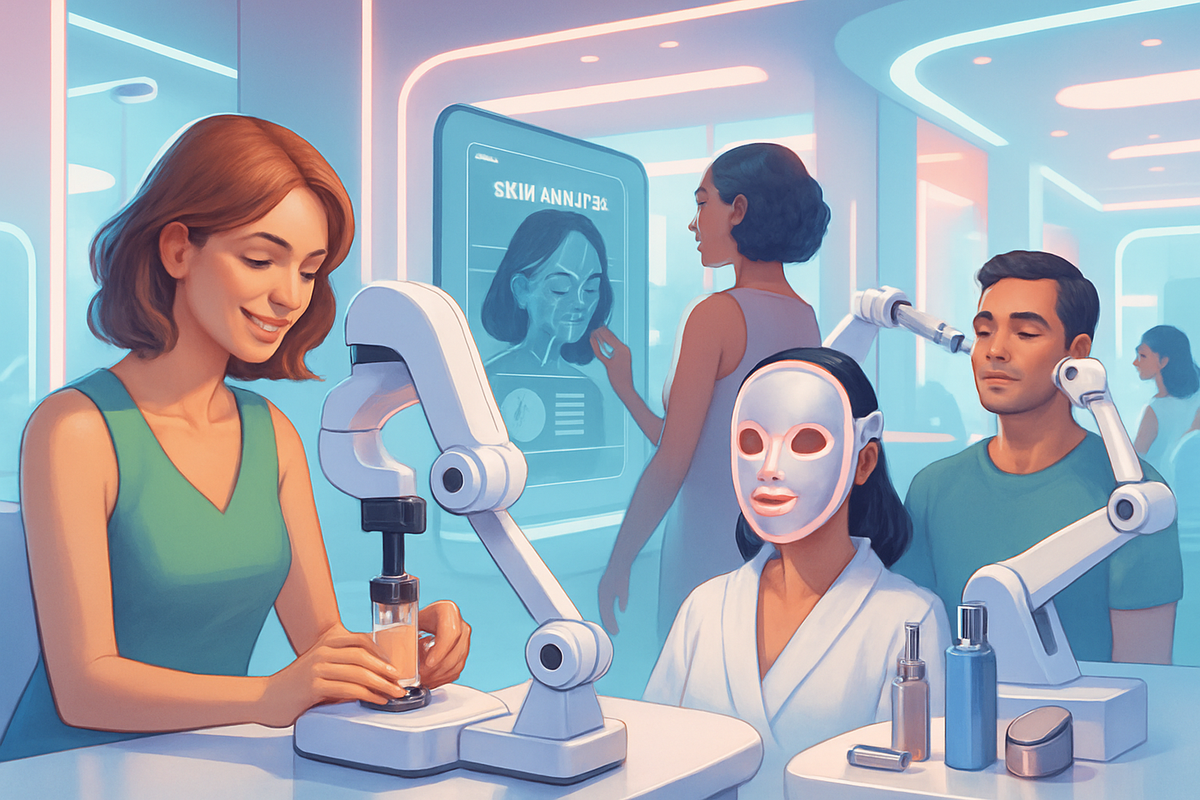 The image depicts a modern skin care clinic with several clients receiving beauty treatments while a technician prepares a serum.
