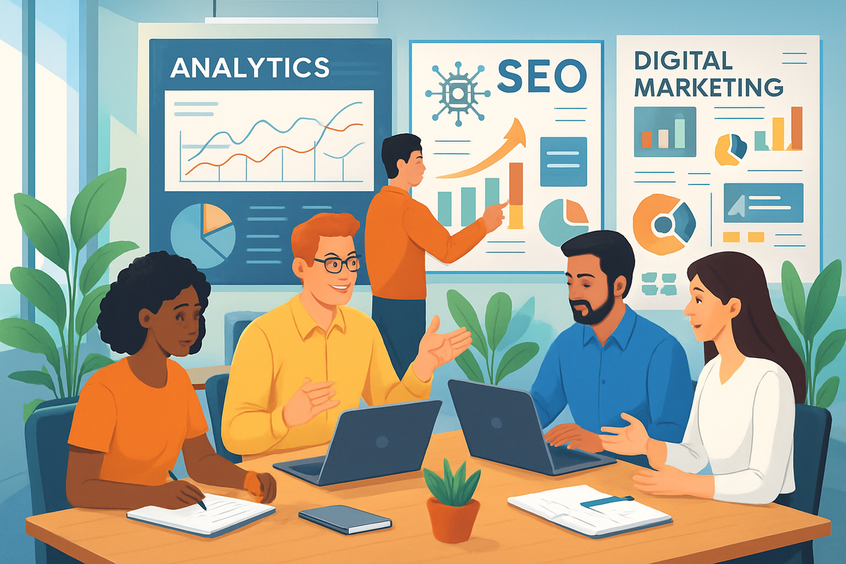 A diverse group of four professionals are engaged in a collaborative discussion in a modern office space, surrounded by posters on analytics, SEO, and digital marketing.