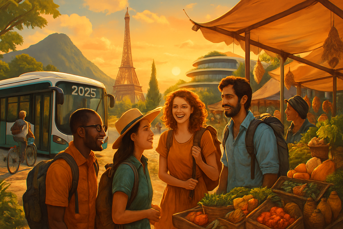 The image depicts a vibrant sunset scene in a market with four friends engaging joyfully, a bus, and an iconic tower in the background.