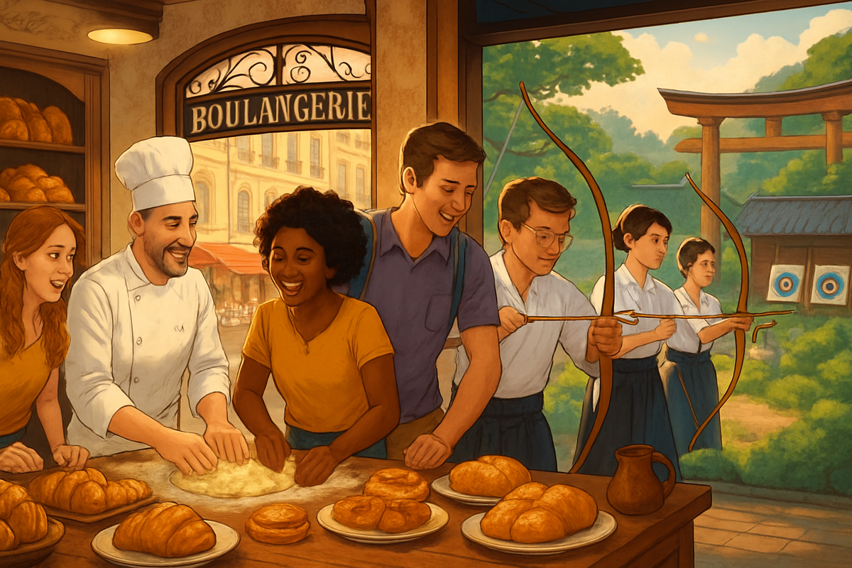 The image depicts a cheerful bakery scene where a baker assists three young people with baking, while two others practice archery in the background, set against a vibrant outdoor landscape.