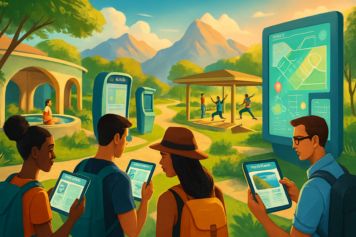 A group of diverse individuals, each holding digital devices, explores a scenic outdoor area with mountains, pathways, and a nearby shelter.