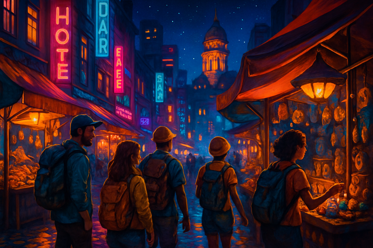A group of five people with backpacks stroll through a vibrant night market illuminated by colorful signs and streetlights.