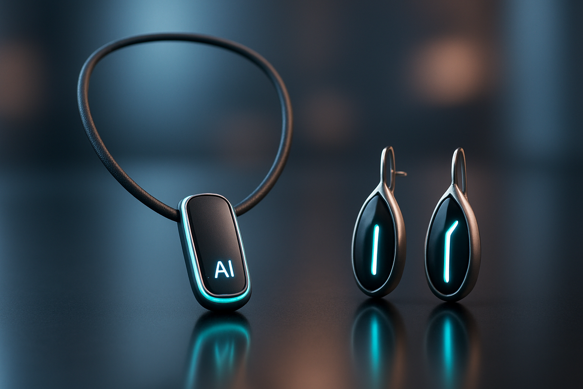 The image features a futuristic AI-themed necklace and a pair of earrings with sleek designs and glowing elements.