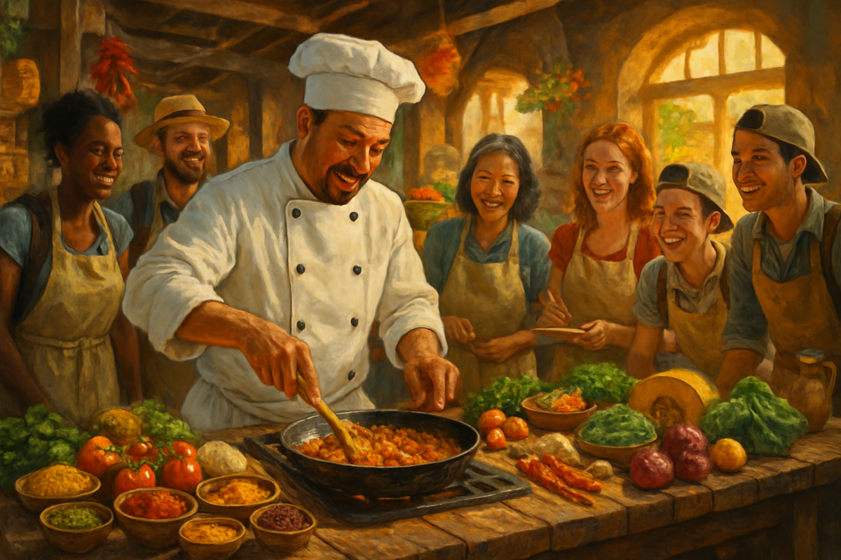 A joyful chef cooks while surrounded by enthusiastic students in a rustic kitchen filled with fresh ingredients.