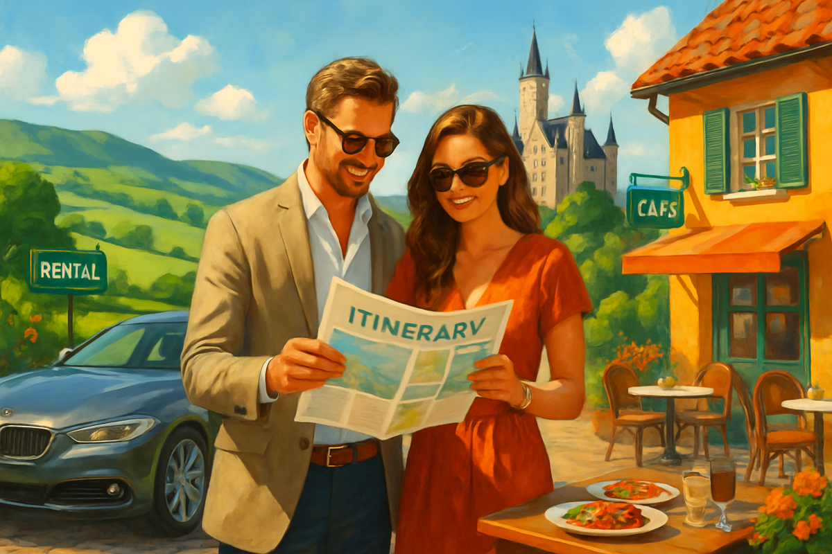 A couple is smiling as they review a travel itinerary in front of a quaint cafe with a picturesque castle in the background.