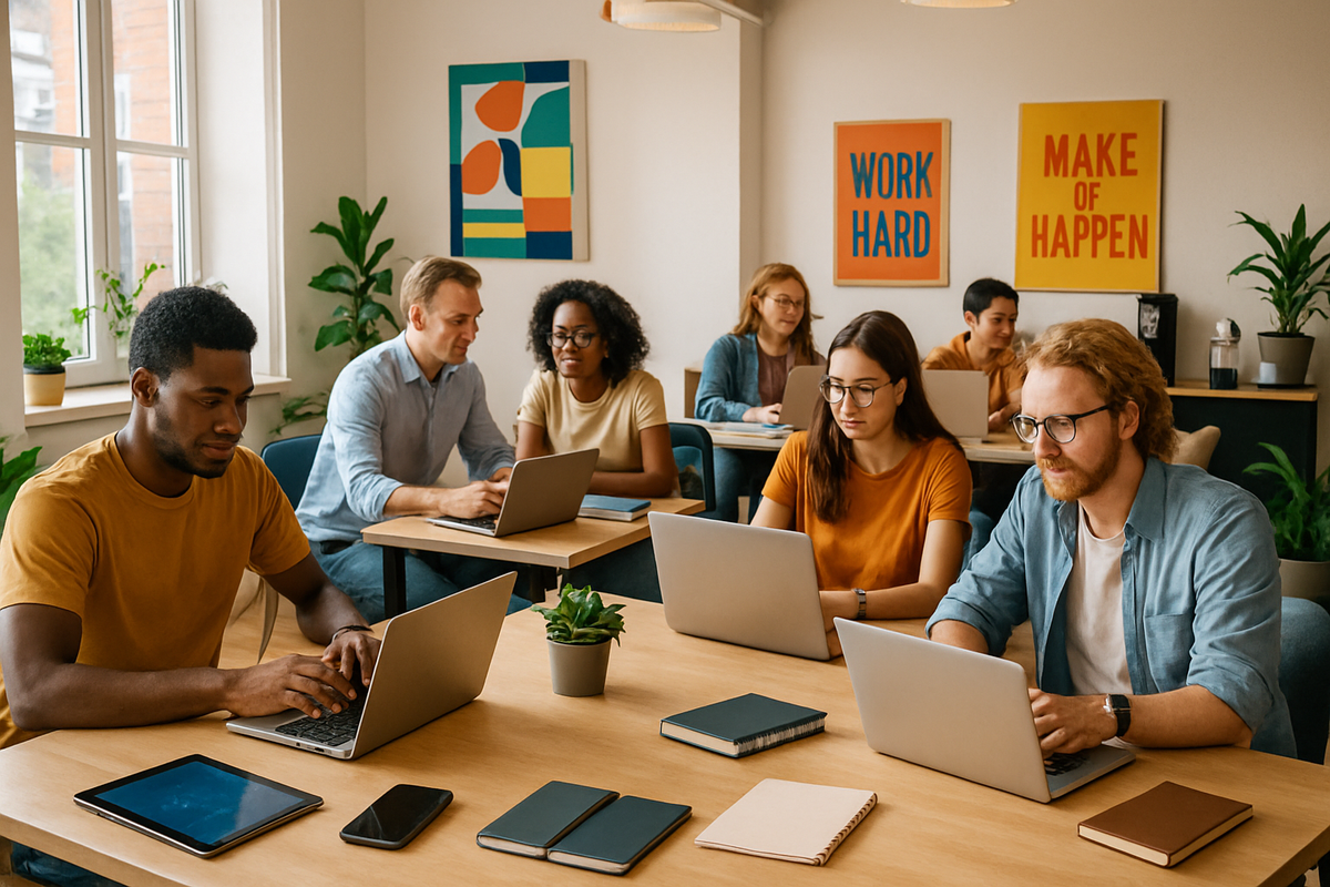 A diverse group of people is working on laptops in a bright, modern office with motivational posters and plants.