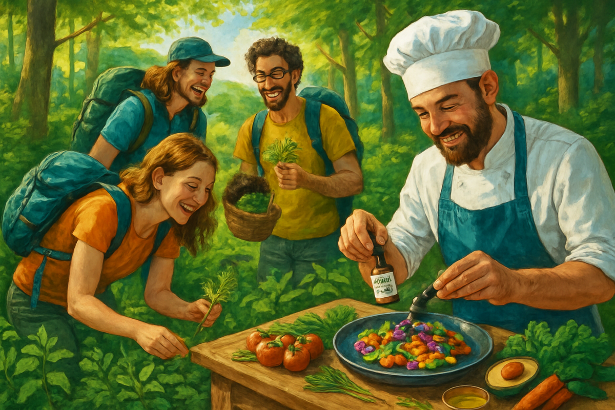 A group of four people joyfully engages in preparing a colorful dish outdoors, with fresh vegetables and a chef working at a wooden table amidst a vibrant forest setting.