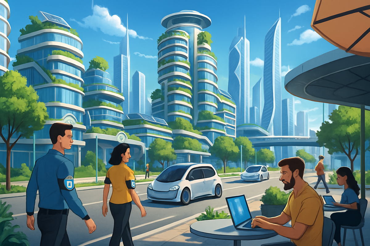 The image depicts a futuristic cityscape with lush greenery, modern architecture, and individuals engaged in activities like walking and using laptops.