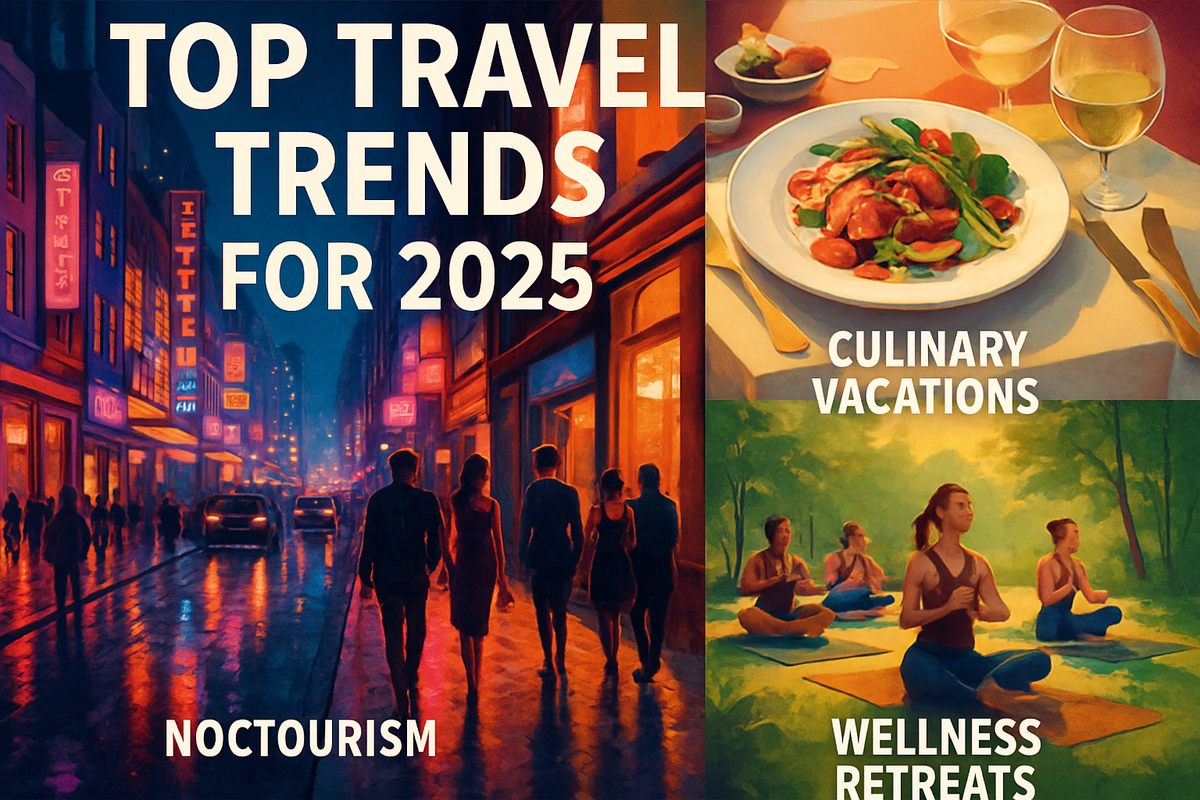 The image features a colorful artistic collage showcasing top travel trends for 2025, including noctourism, culinary vacations, and wellness retreats.