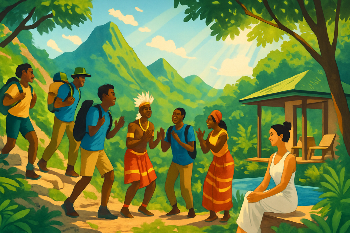 The image depicts a lively group of people in colorful clothing interacting joyfully in a lush, green landscape.