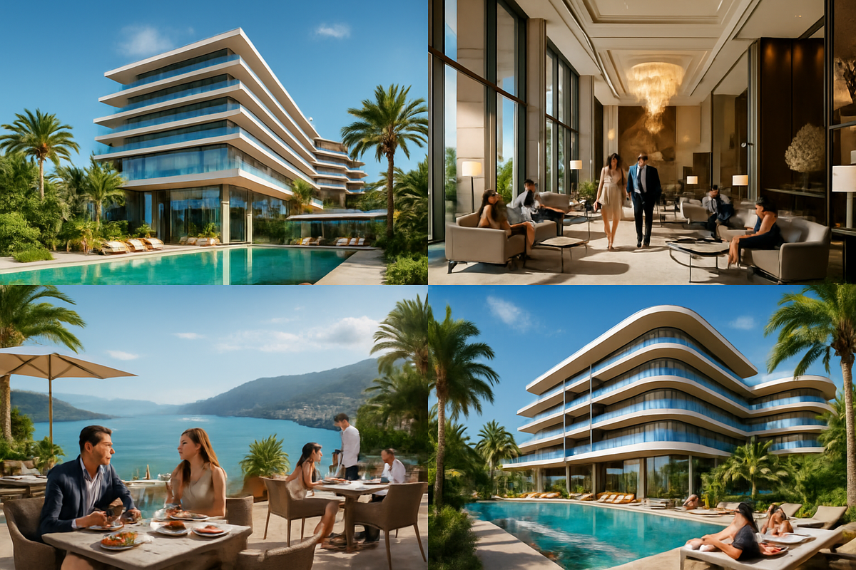The image showcases a luxurious modern resort with a large pool surrounded by palm trees, elegant interiors, and people enjoying dining and leisure activities.