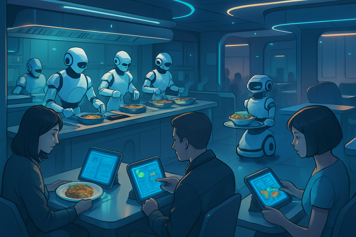 The image depicts a futuristic restaurant where robotic servers prepare and deliver food to diners who are engaged with tablets.