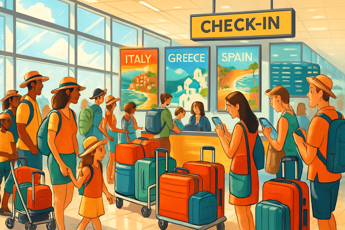 The image depicts a busy airport check-in area with travelers lined up and various luggage as they prepare for their trips to Italy, Greece, and Spain.