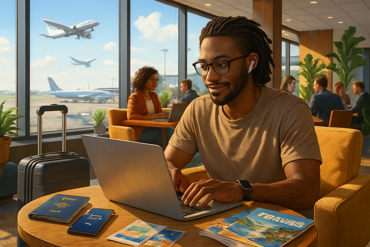 A man with dreadlocks works on a laptop in an airport lounge, surrounded by travelers and aircraft outside the window.