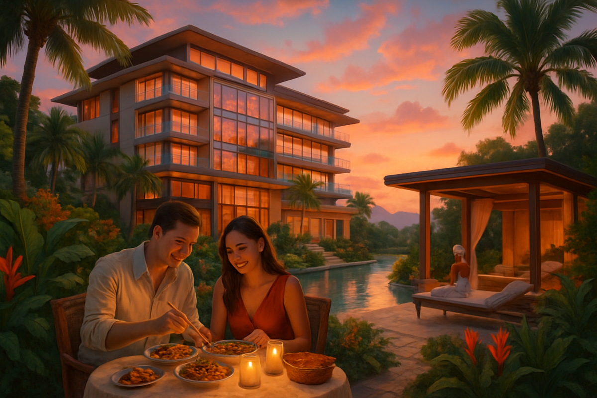A couple enjoys a romantic dinner by a poolside with a modern building and sunset in the background.