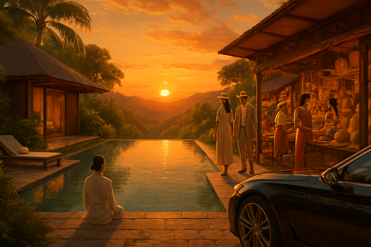 The image depicts a serene sunset view with a swimming pool, a woman sitting peacefully, and several people socializing near a market stall amidst lush greenery.